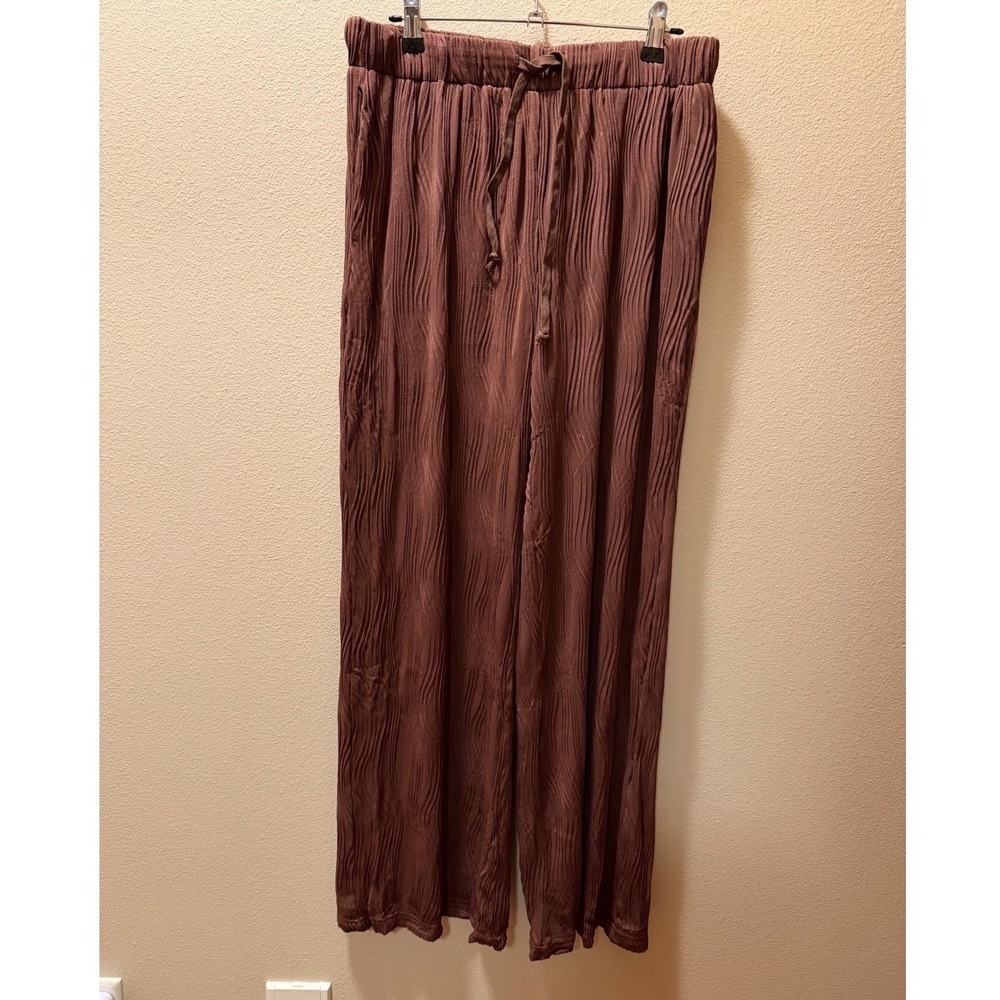 Entro Women's Brown Plisse Pleated Wide Leg Pants Elastic Waist Drawstring M NWT